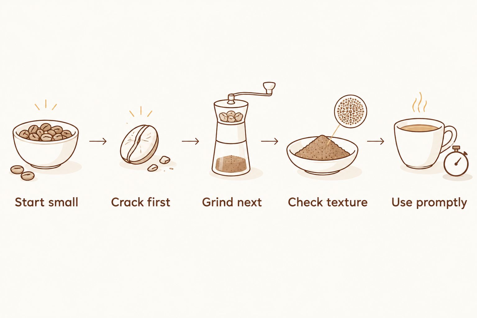 Whole-spice grinding sequence from a small batch to checking the finished texture