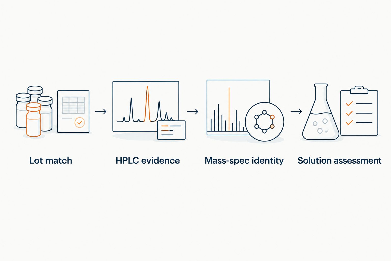Documentation review from lot matching through chromatography, mass spectrometry, and solution assessment.