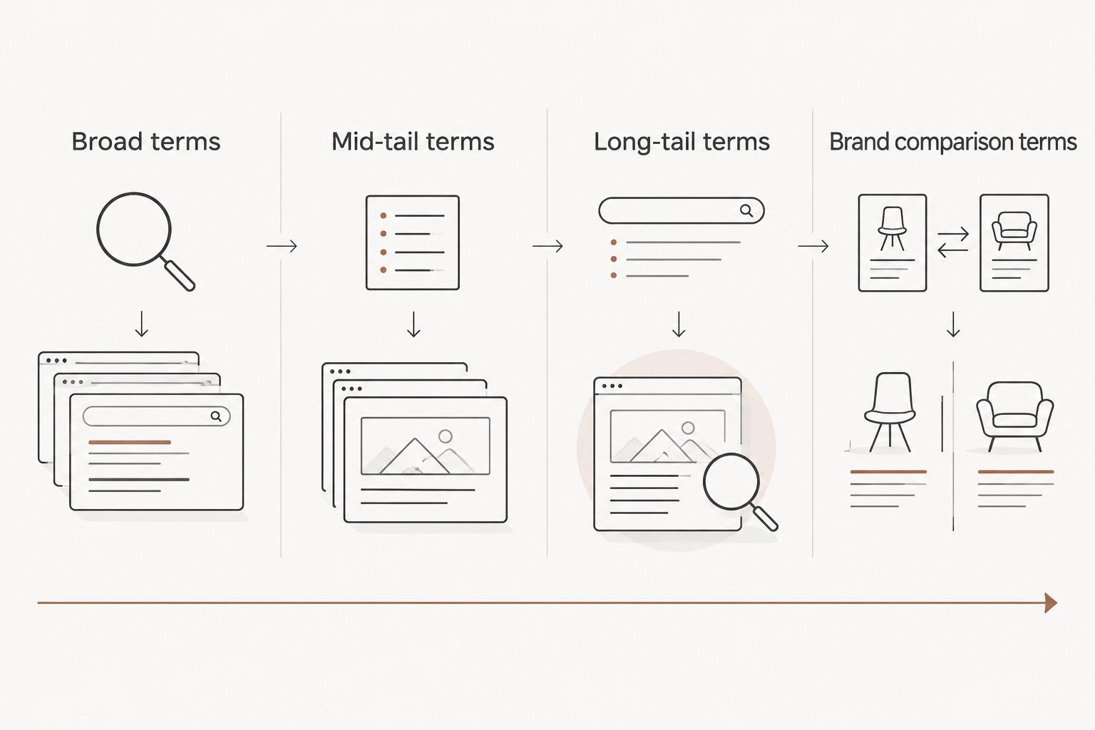 Four-column diagram showing newborn apparel search tiers from broad to brand comparison