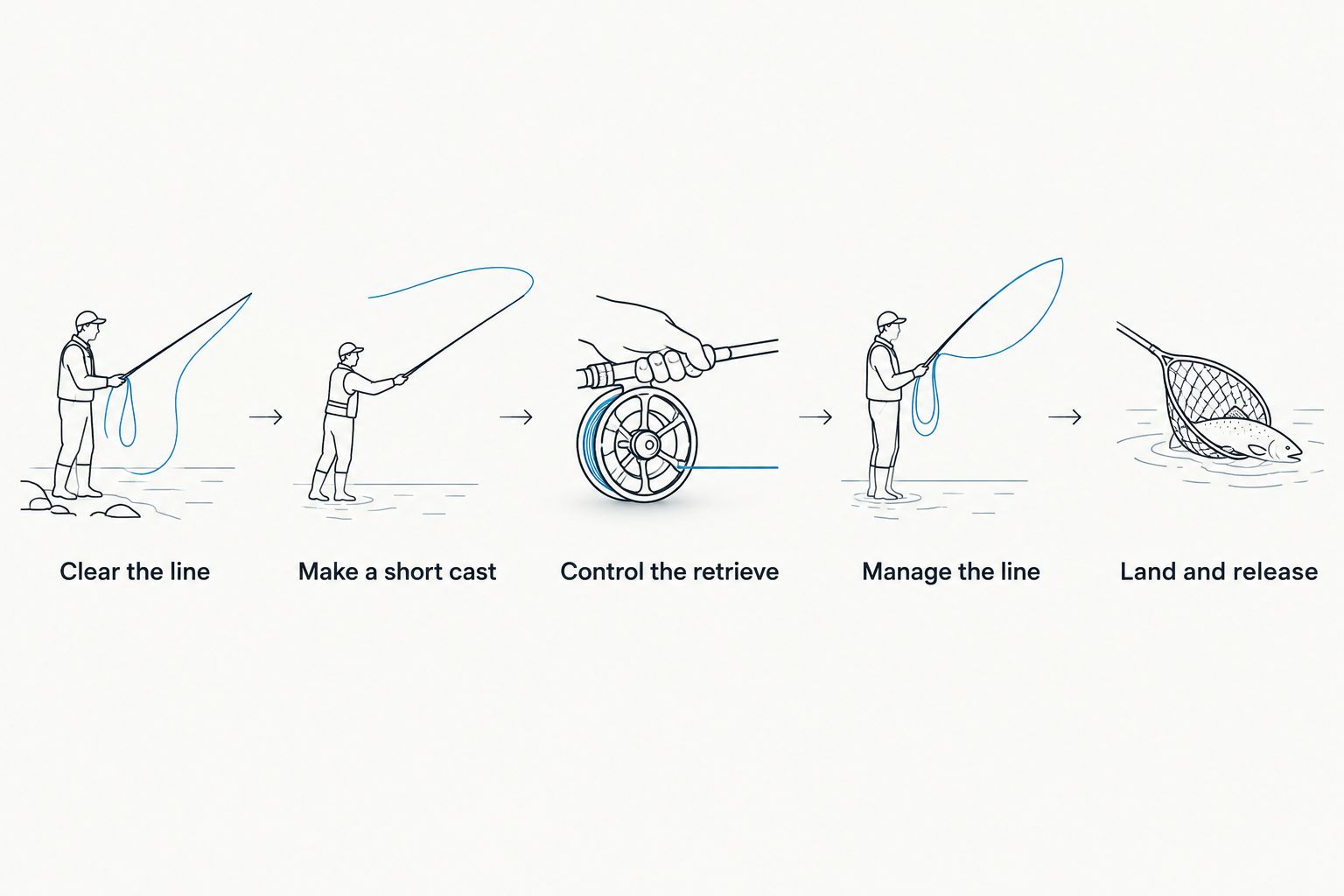 Practice sequence from clearing line to landing and releasing a fish