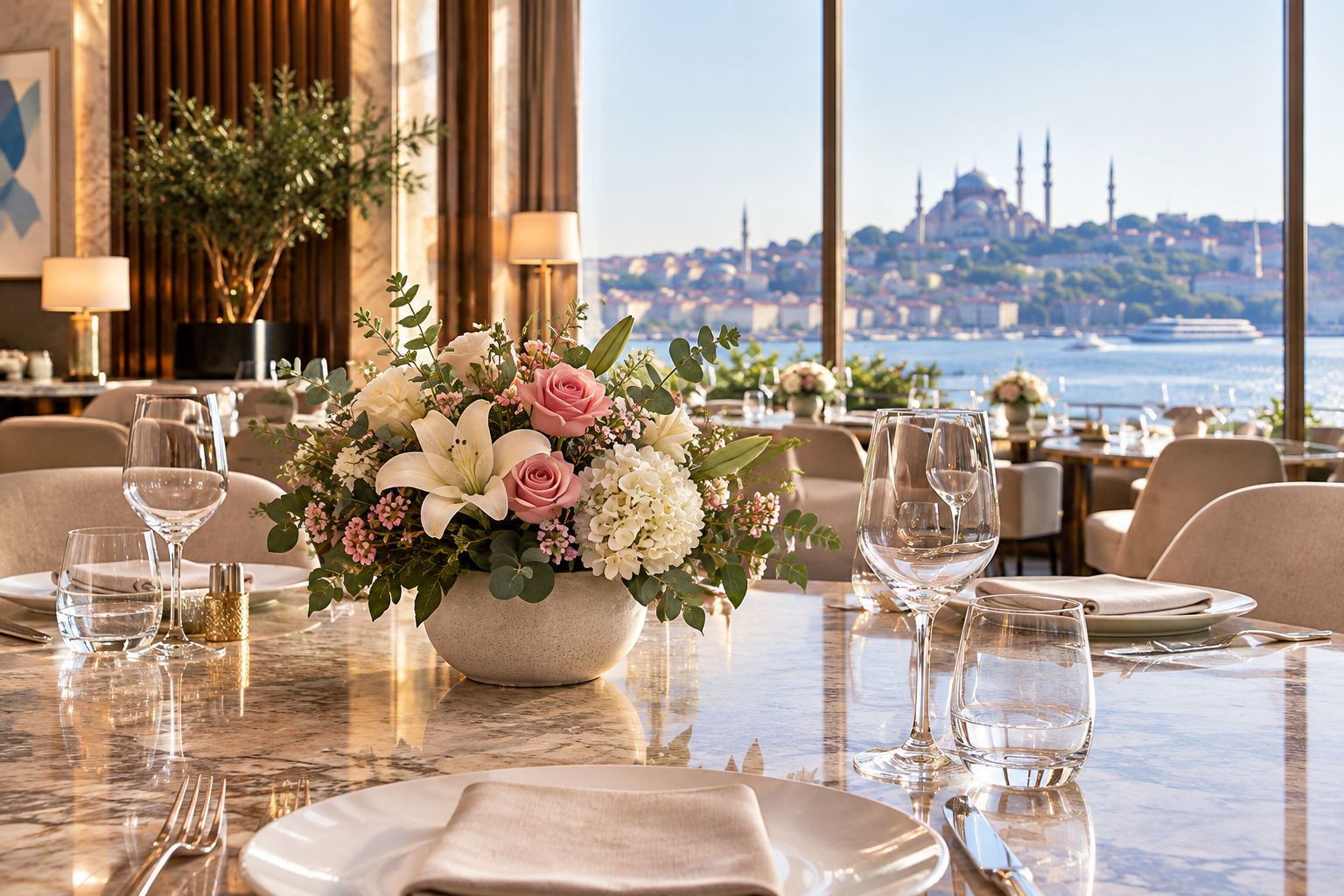 Low floral arrangement on a hotel dining table with clear sightlines and room for place settings.