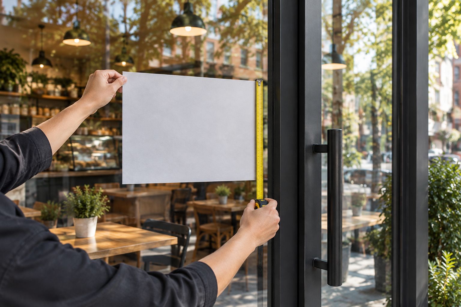 A paper layout being measured on a cafe entrance before window lettering is installed