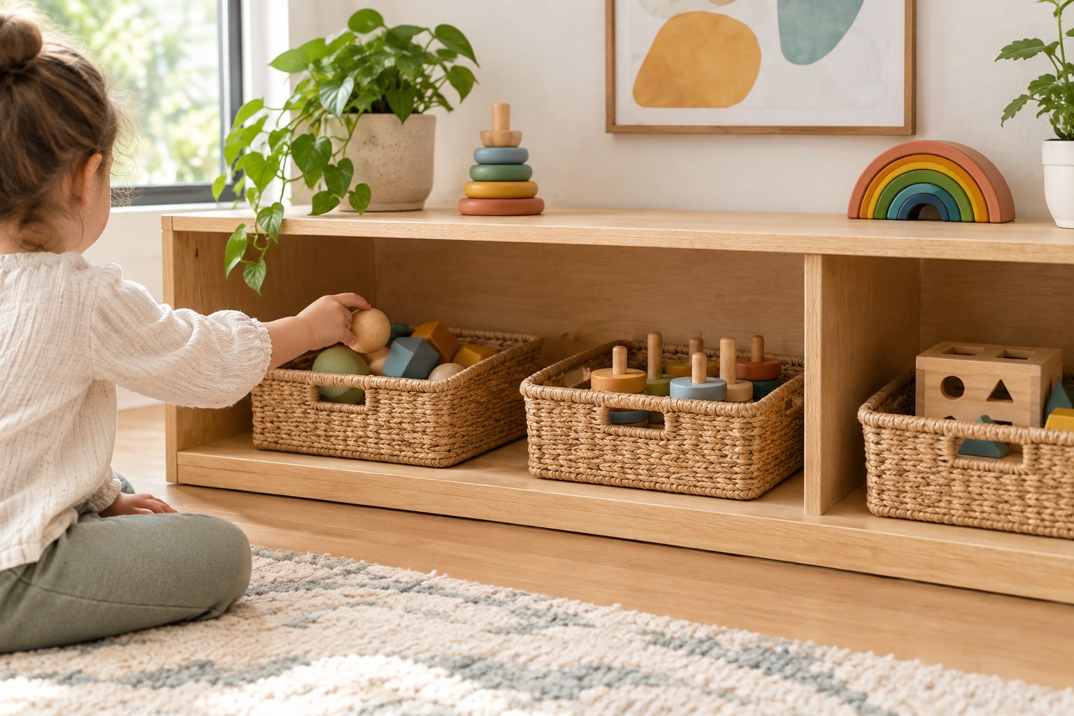 Child choosing a wooden activity from a low shelf with separate baskets