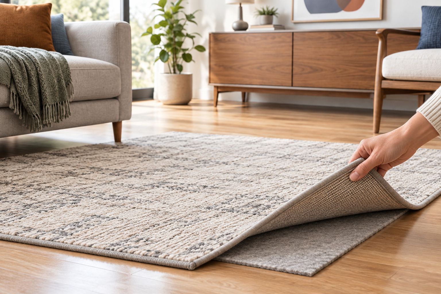 Low-pile rug with a concealed pad and a clear approach across the hard floor