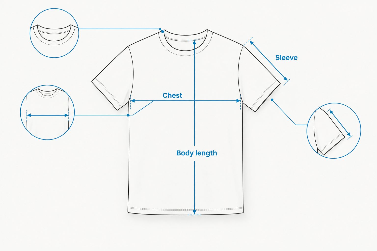 T-shirt outline showing chest, body length and sleeve measurement lines