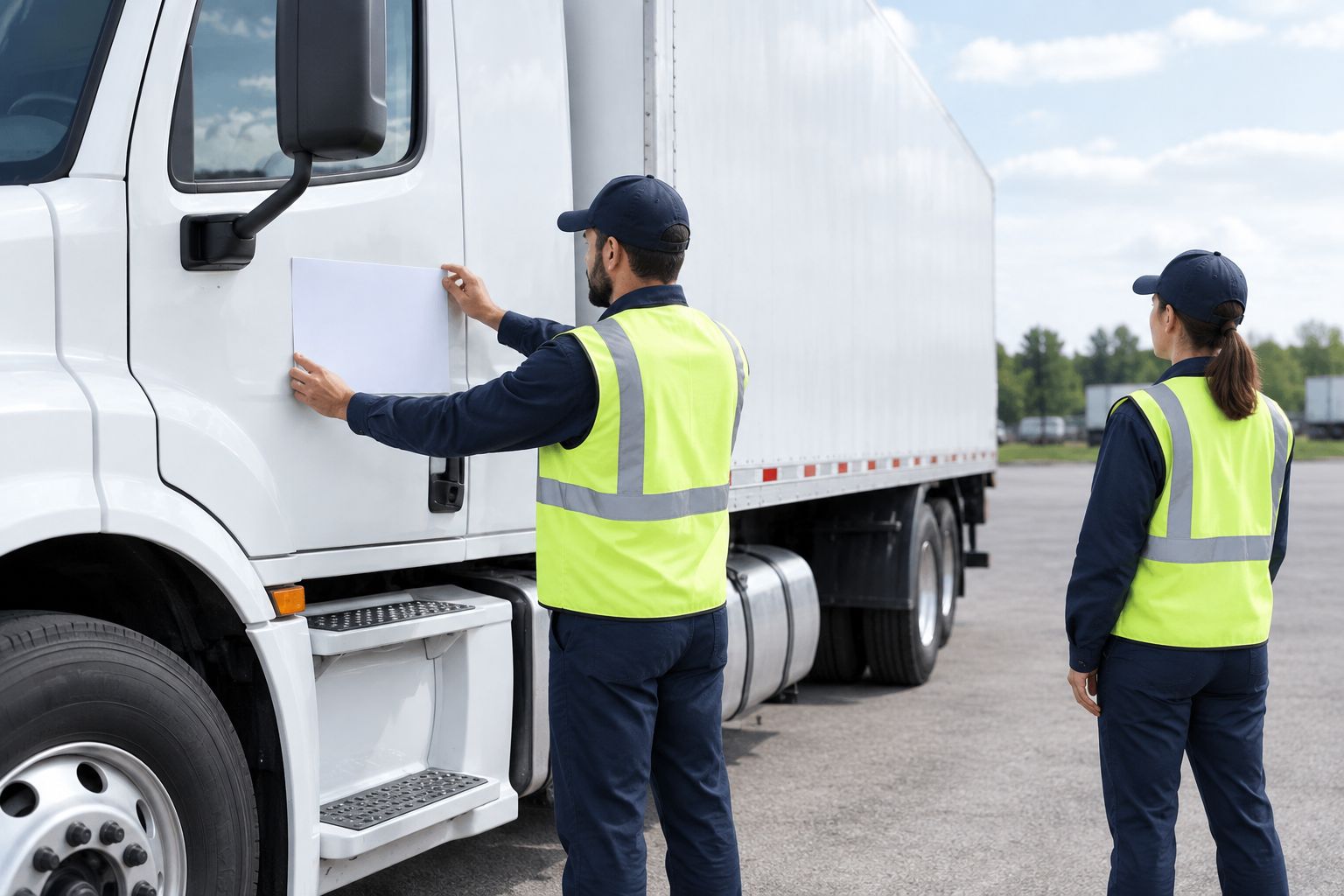A paper layout on a truck door being checked from a distance before decal installation