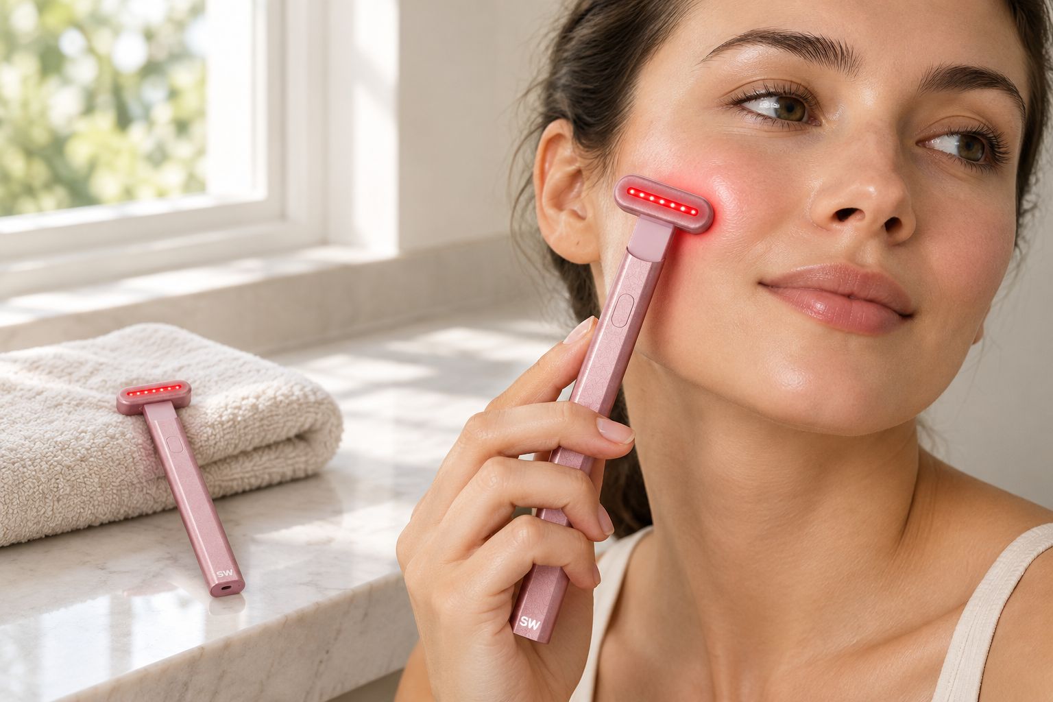 Red light therapy wand used on the cheek during a quick skincare step