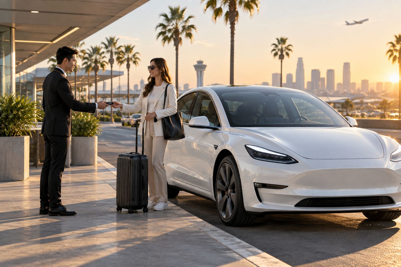 Concierge handing car keys to a traveler at an airport curb with luggage nearby
