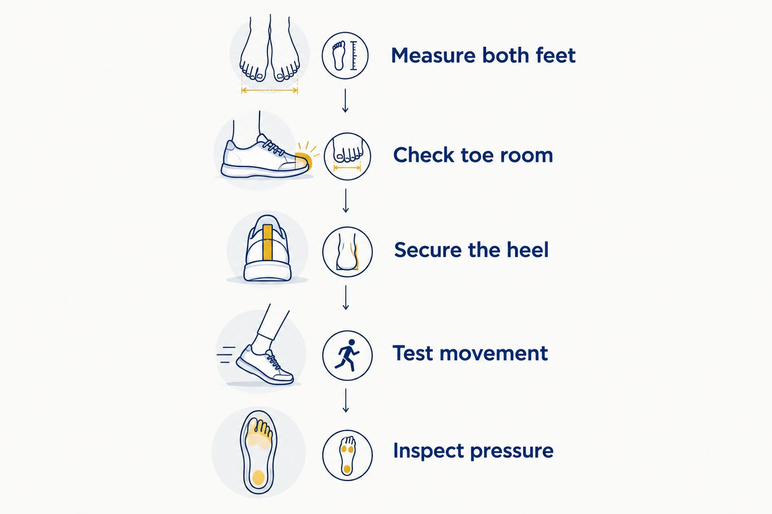 Five fitting checks covering foot measurement, toe room, heel retention, movement, and pressure