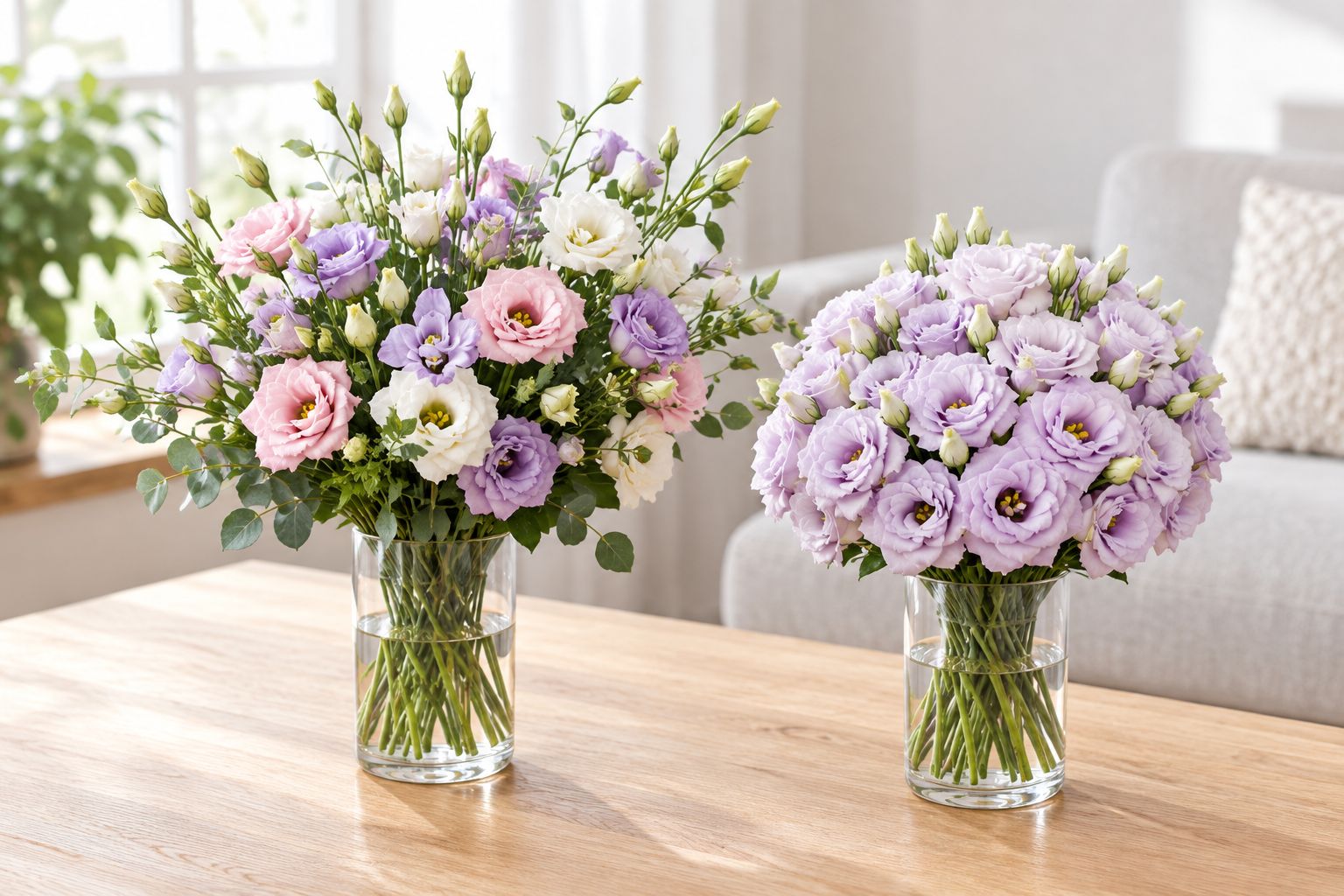 Loose lisianthus with greenery beside a compact, rounded single-color bouquet