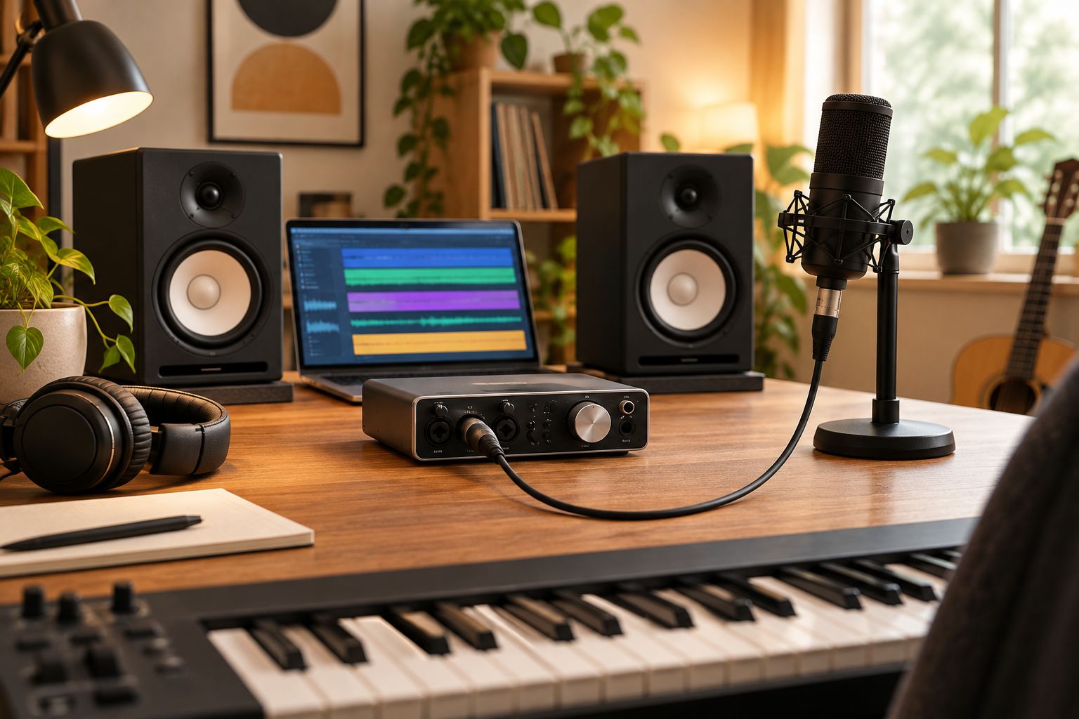 Home studio desk with an audio interface, monitors, and a microphone