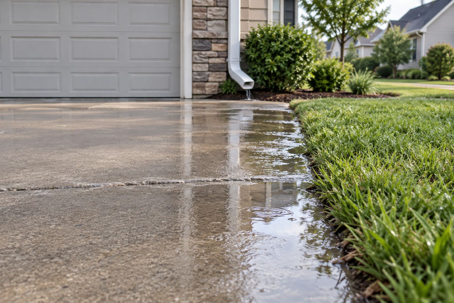 Standing water along the edge of a residential concrete driveway