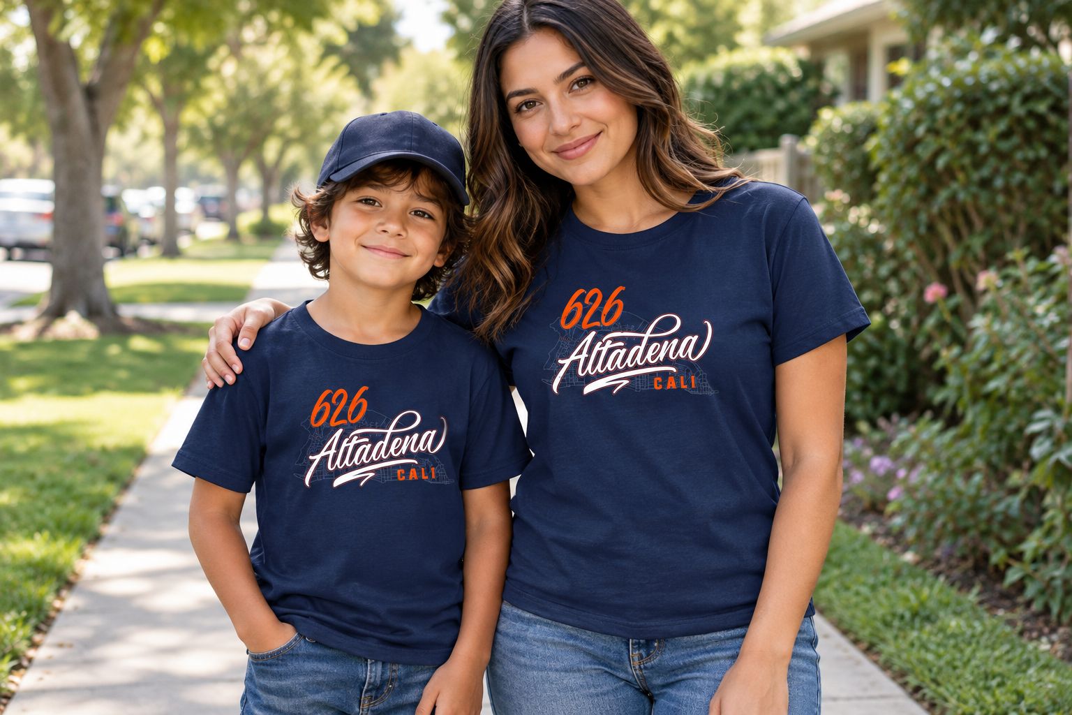 Child wearing the navy 626 Altadena shirt outdoors