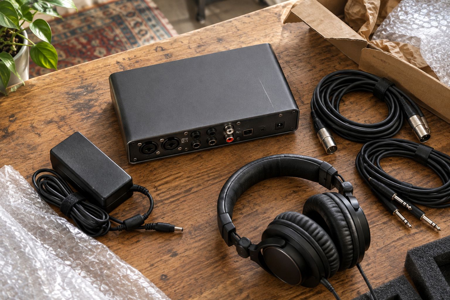 Audio interface, cables, headphones, and packing materials arranged for a condition check