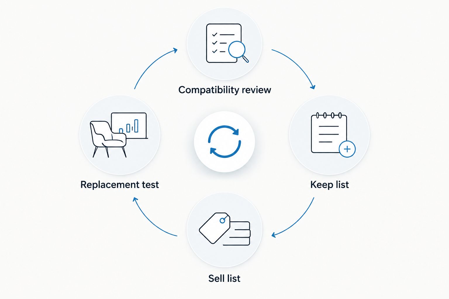 A repeating studio review loop covering compatibility, keep decisions, sale decisions, and replacement testing