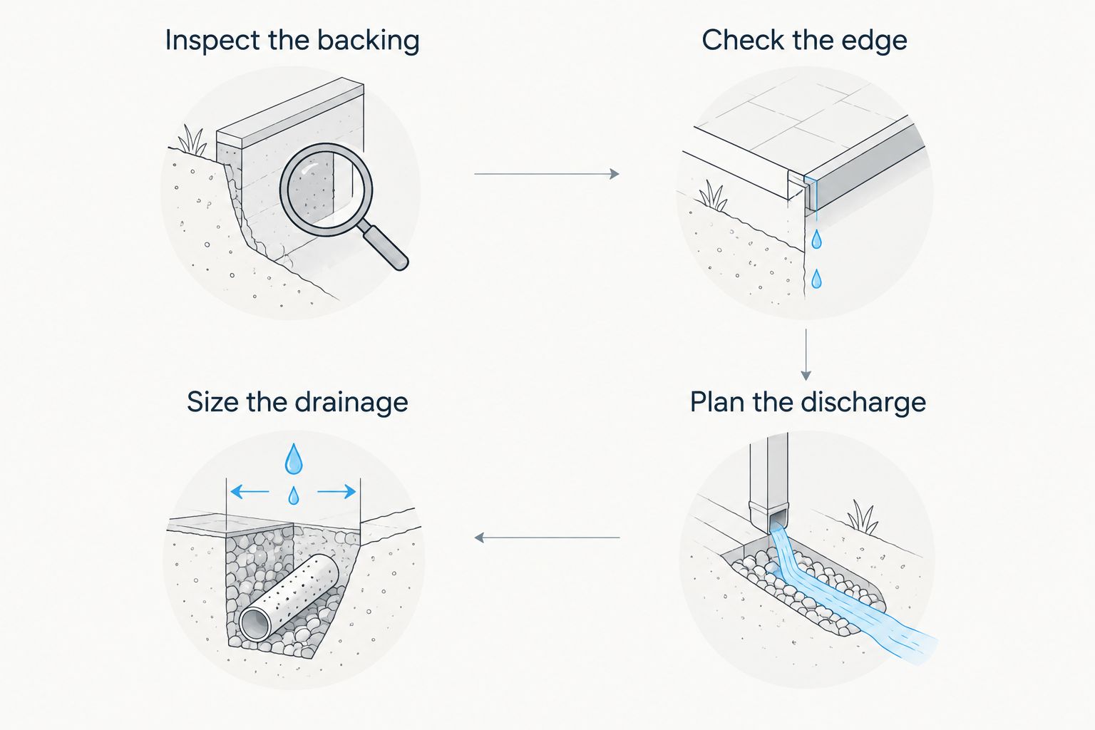 Four checks covering gutter backing, roof edge, drainage sizing, and discharge planning.