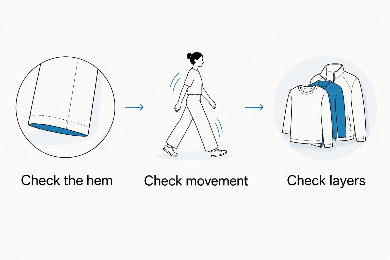 Three jacket fit checks: hem position, comfortable movement, and room for intended layers.