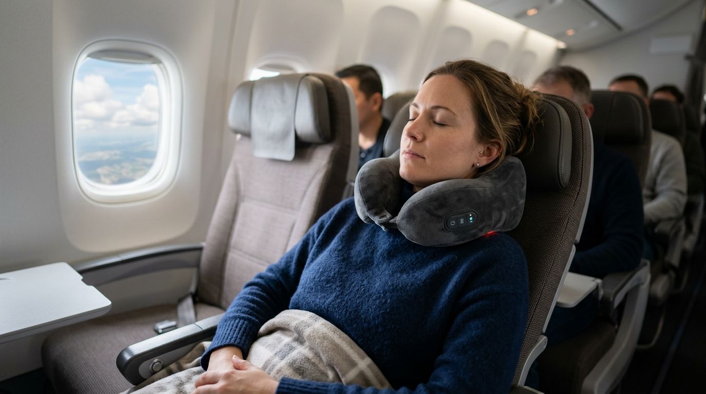 Heated neck pillow for long flights