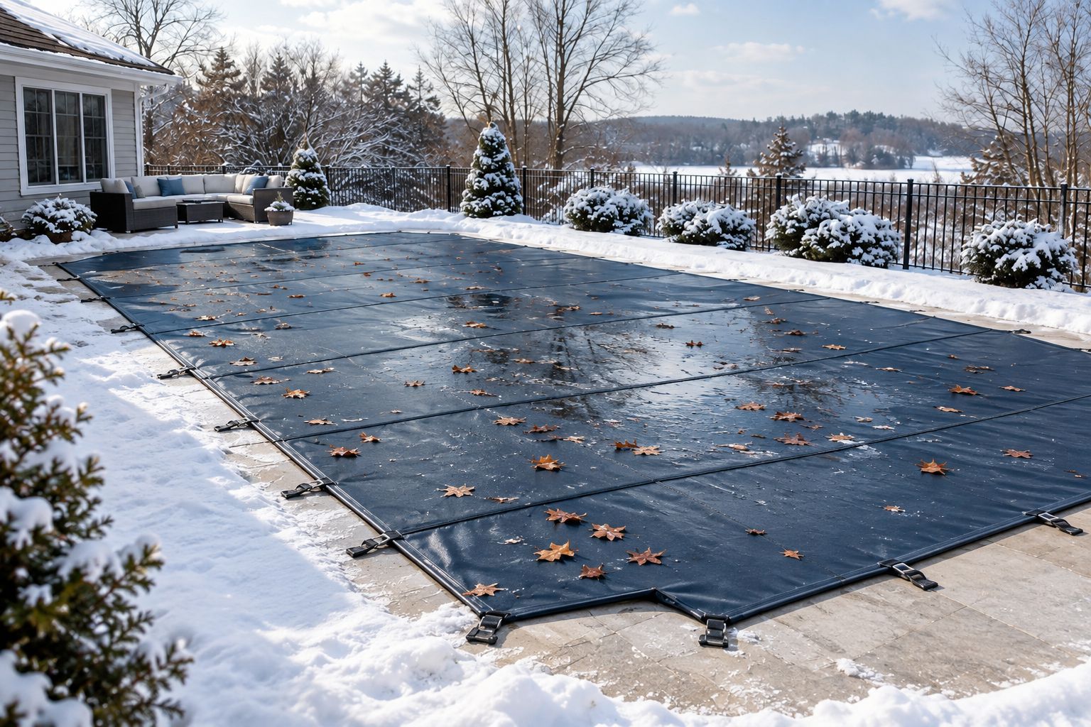 Solid winter pool cover with leaves and meltwater on its surface