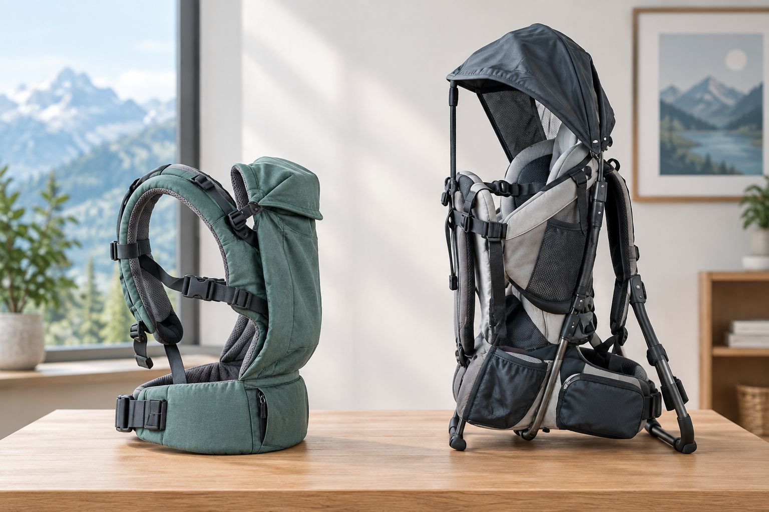 A soft-structured baby carrier beside a framed child carrier, showing their different construction.