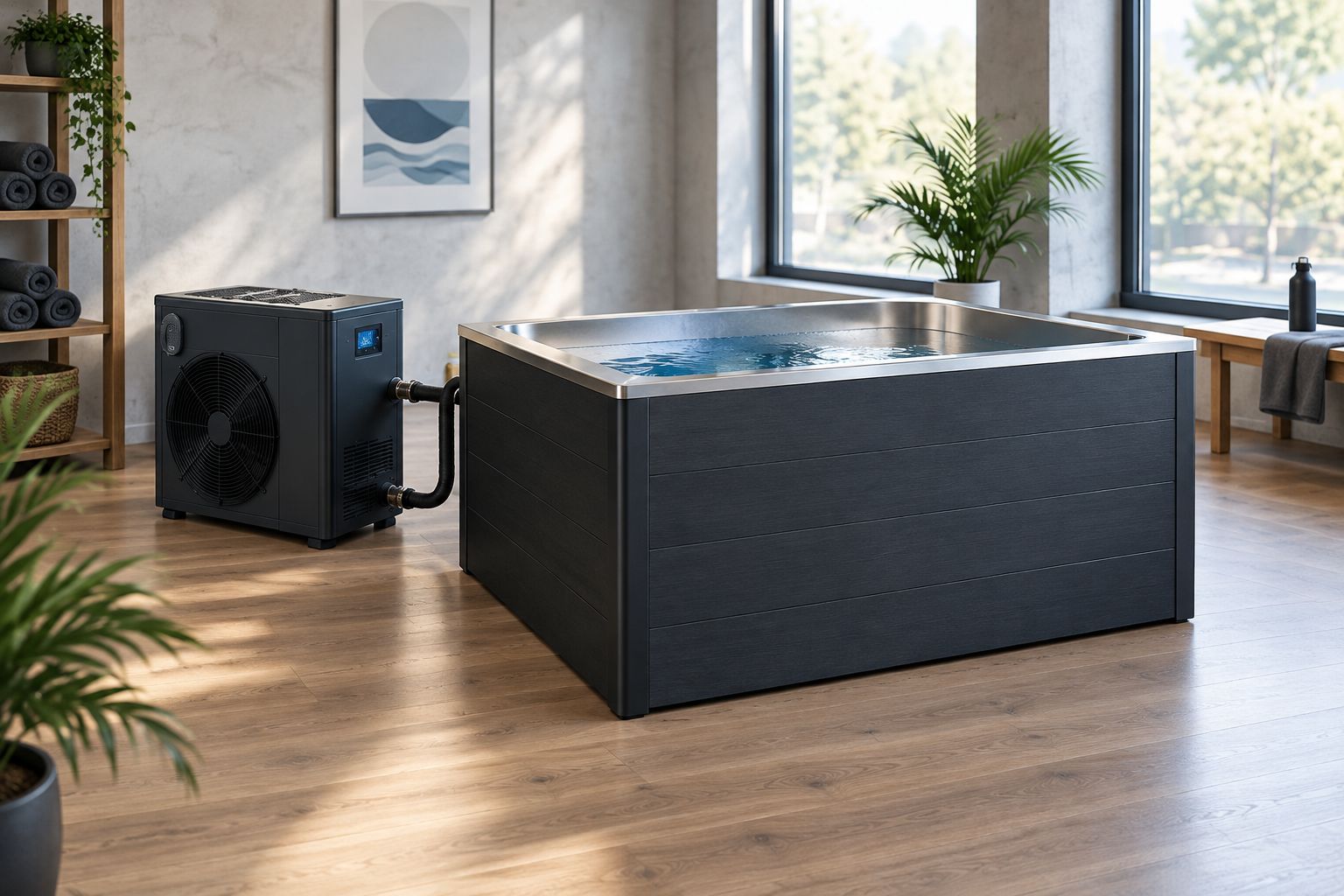 Kältebecken mit Chiller-Einheit in einem ruhigen Studio-Wellnessbereich