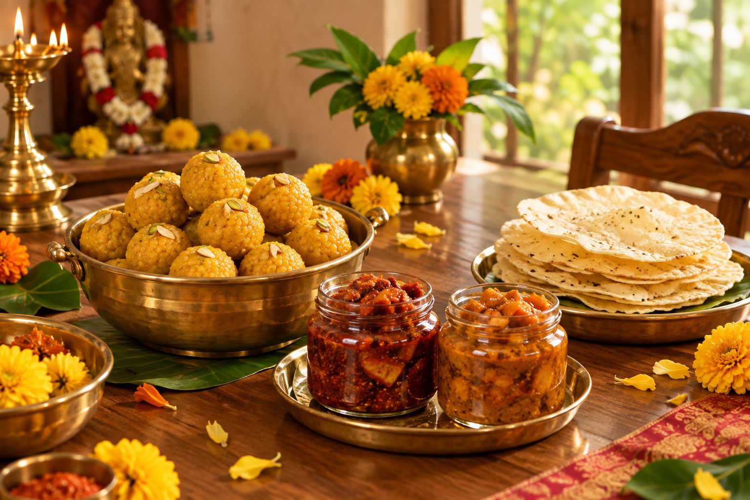 Festive table spread with Andhra sweets, pickle jars and papads for Dasara