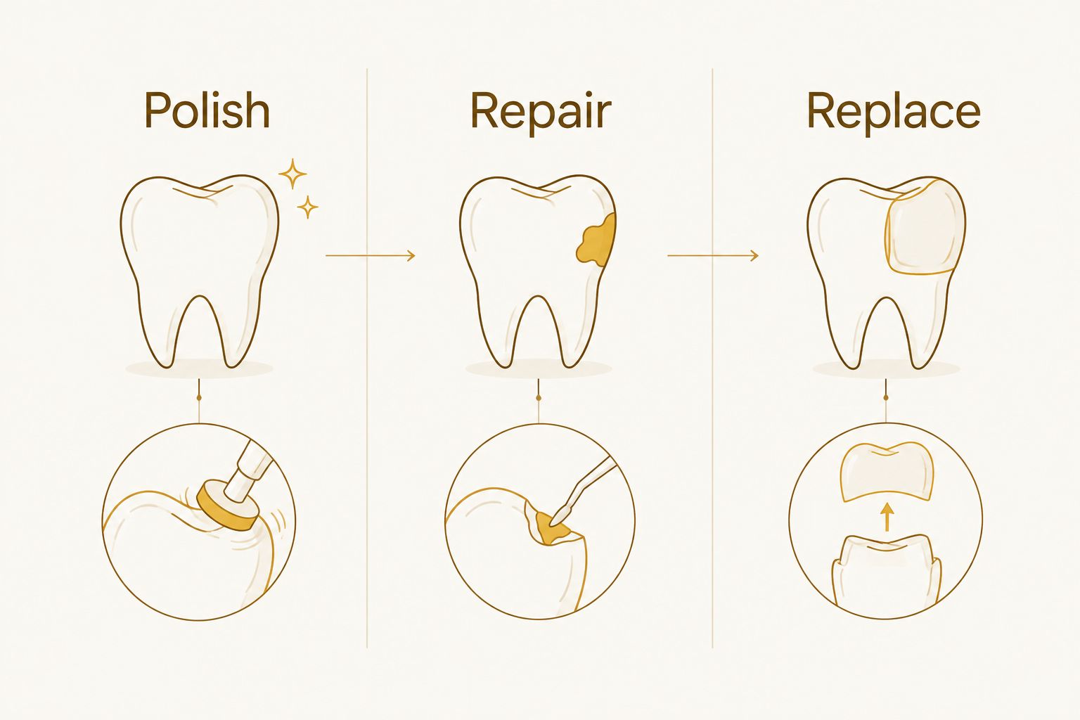 Three approaches to worn dental bonding: polishing, localized repair, or replacement.