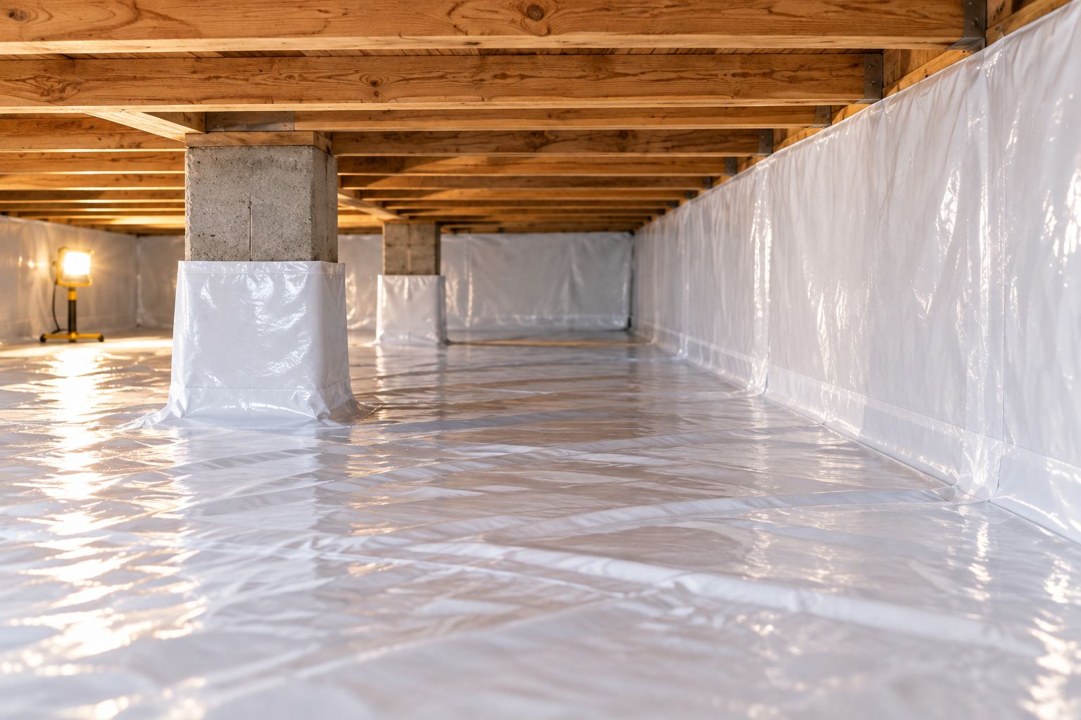 Crawl space ground membrane connected around a support pier and along a foundation wall