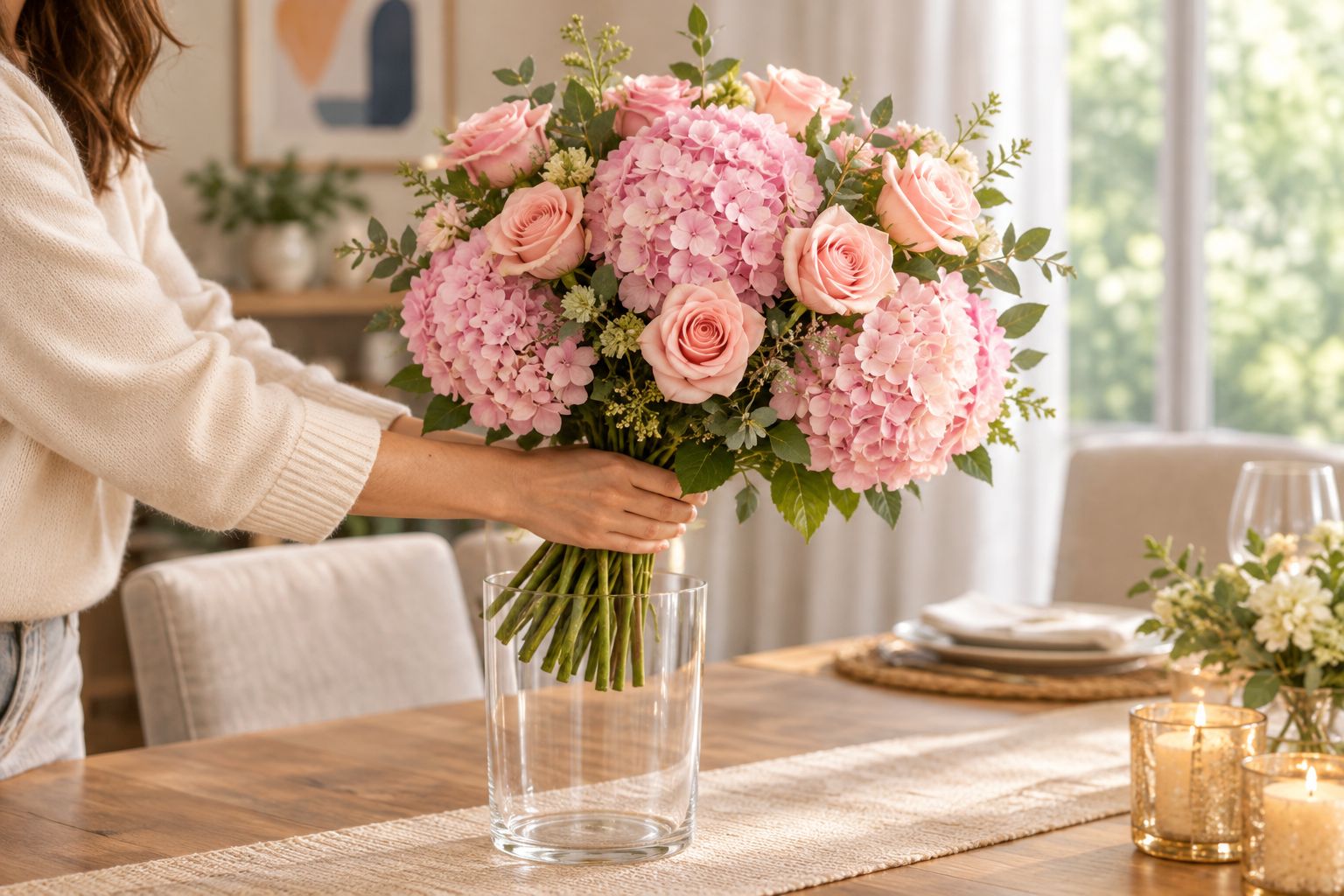 Pink hydrangeas and soft pink roses being placed in a vase