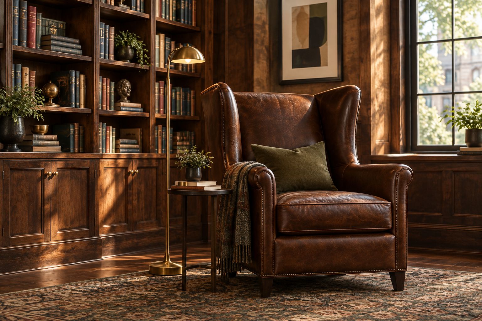 Leather club armchair in a hotel-style home library corner