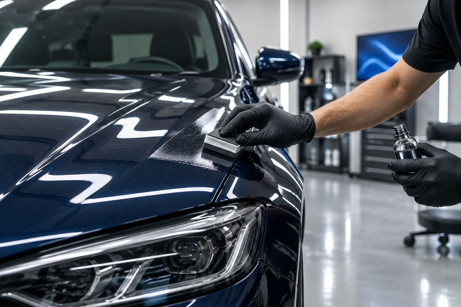 Next powered by EA Detailer Detailer applying ceramic coating to a car hood in a garage bay
