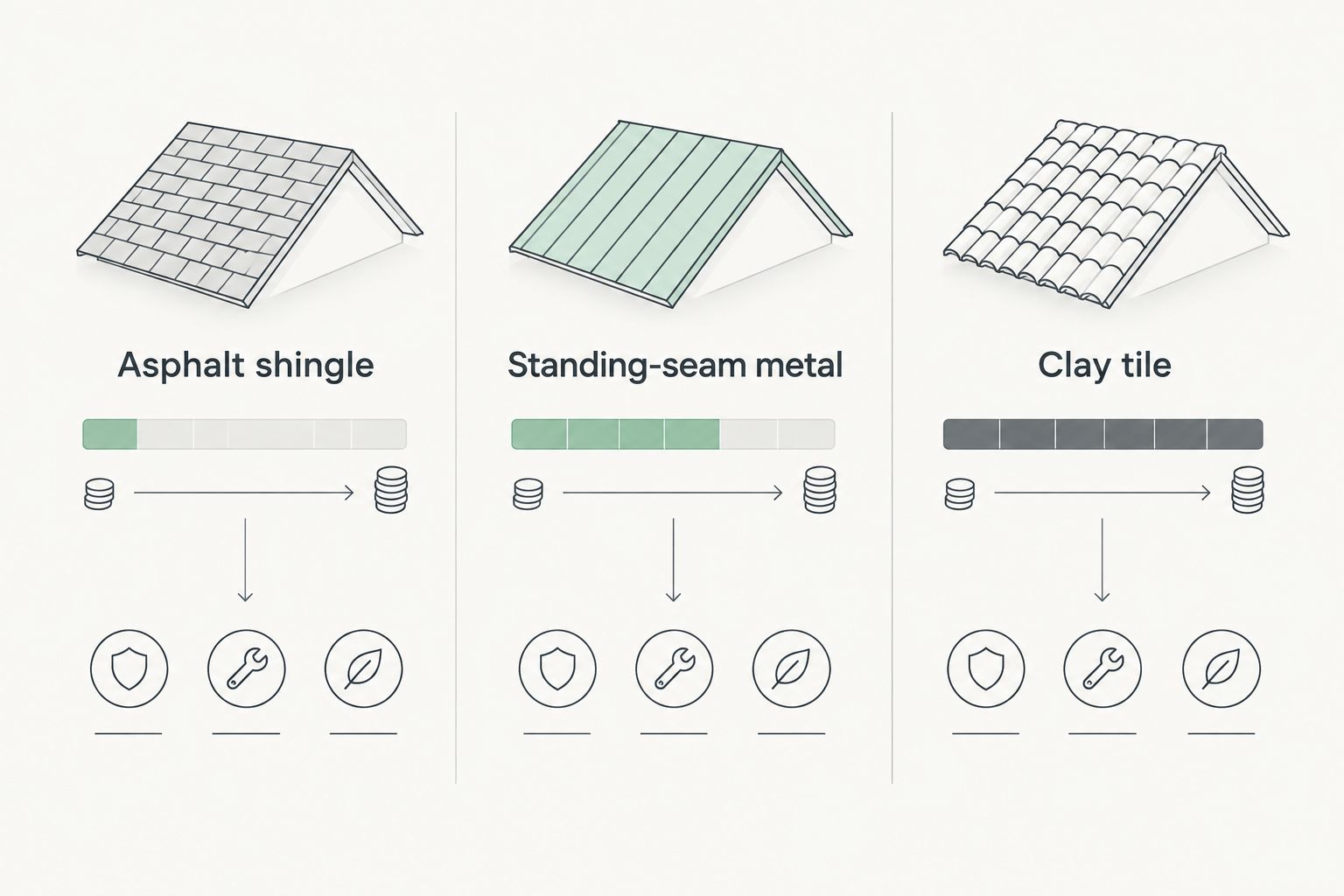 Comparison of asphalt shingle, metal, and tile roof replacement cost tiers