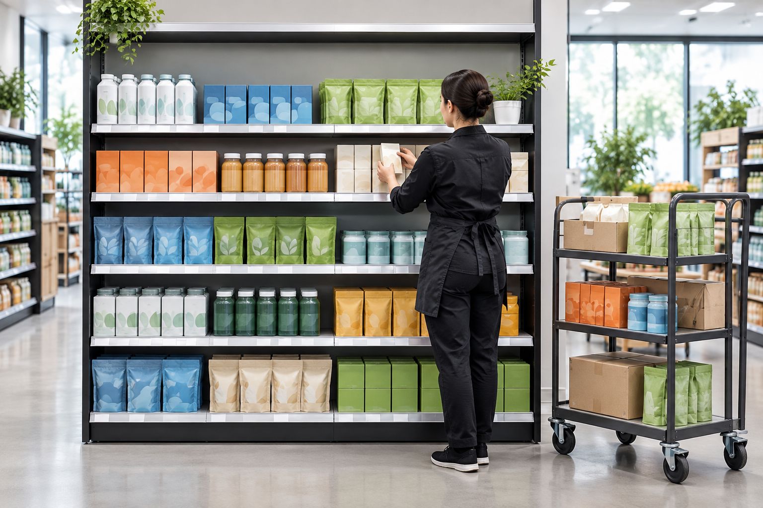 Retail shelving during a reset, with grouped stock and clear shelf edges