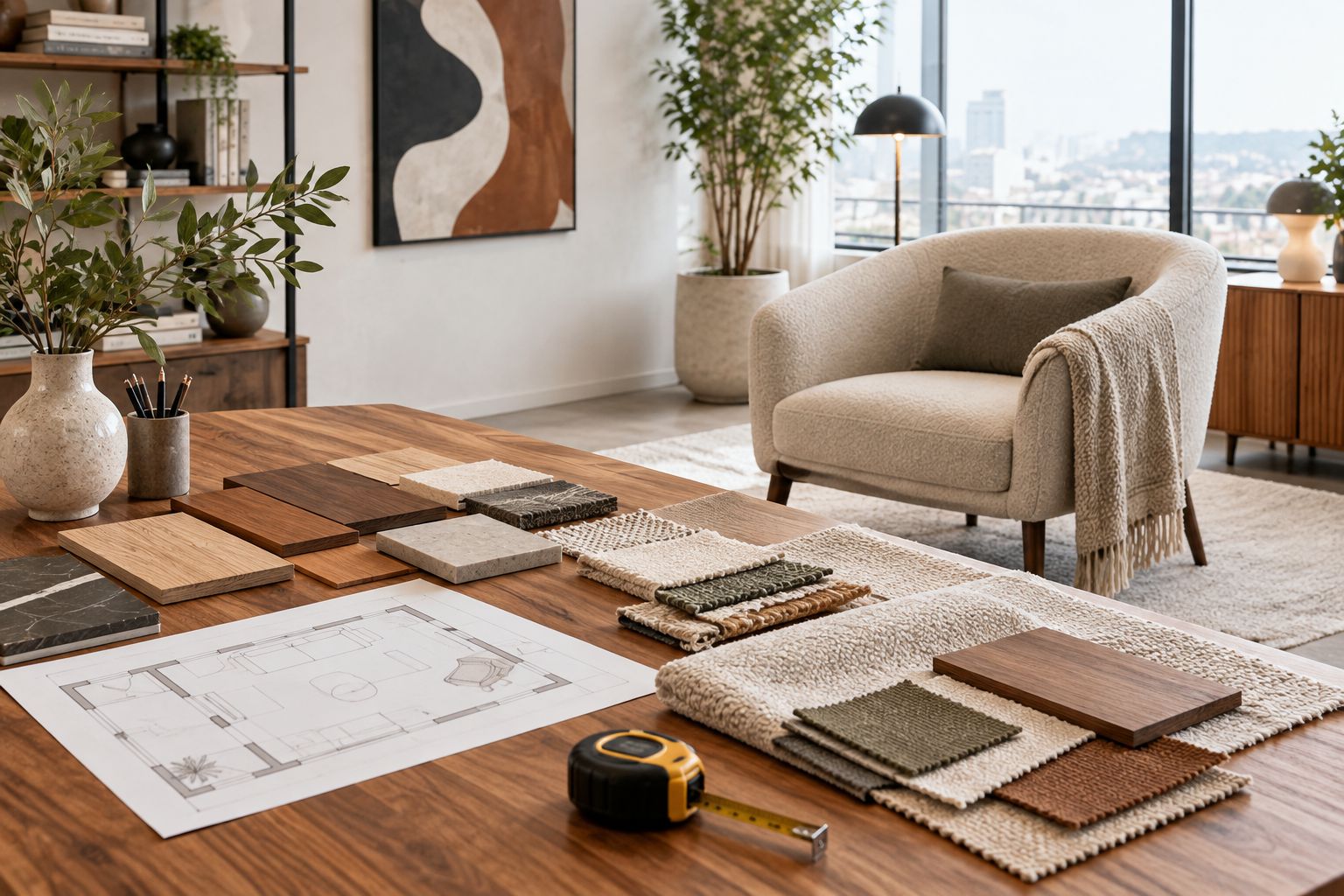 Upholstery and wood samples beside an accent chair and a room plan