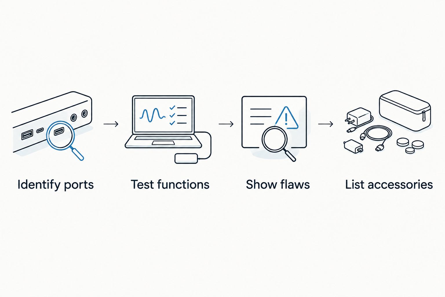 Four listing checks covering connections, working functions, visible flaws, and included accessories