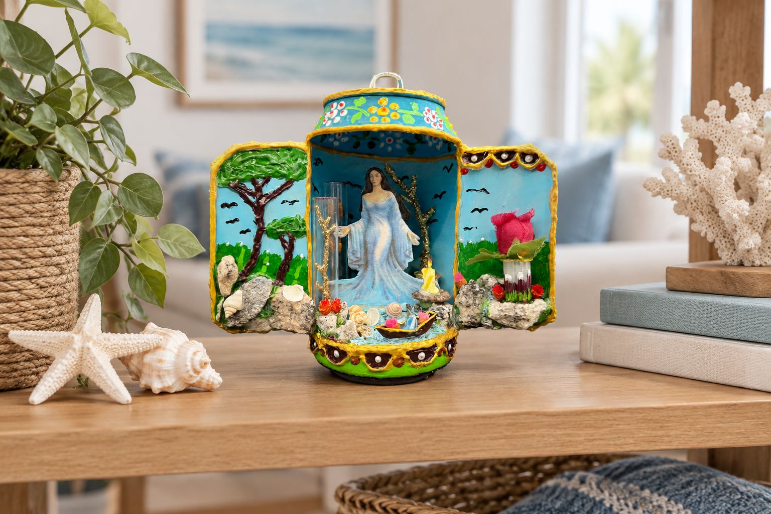 Sea goddess artwork in a can displayed at shelf height with an unobstructed view inside