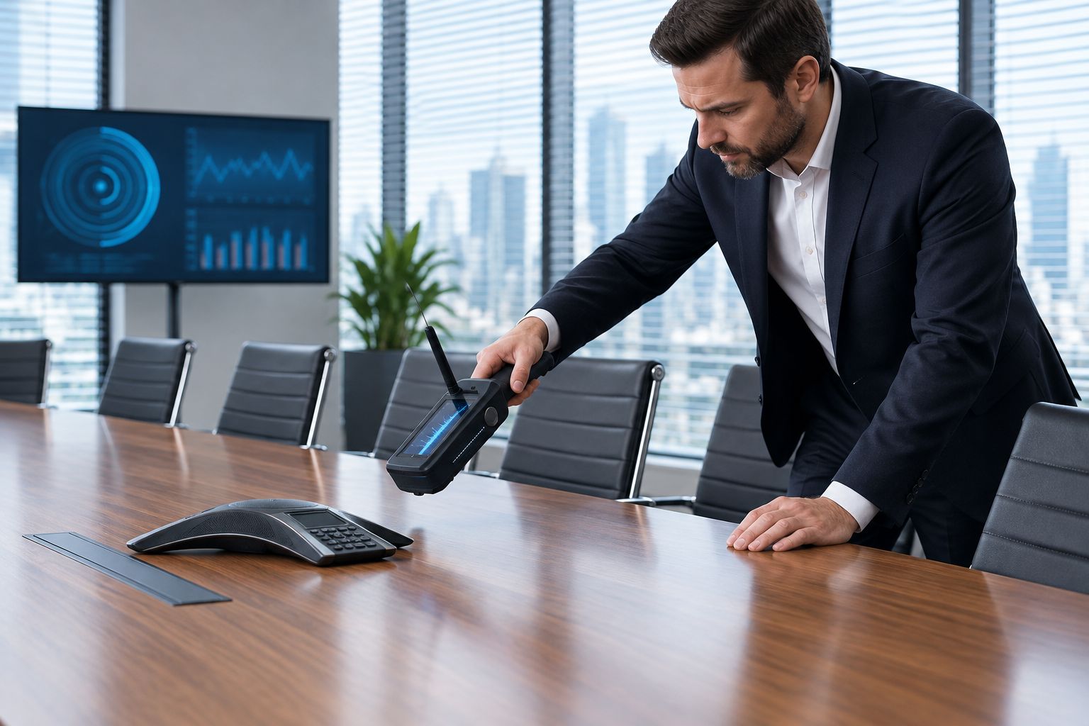 TSCM technician sweeping a corporate boardroom conference table and phone system