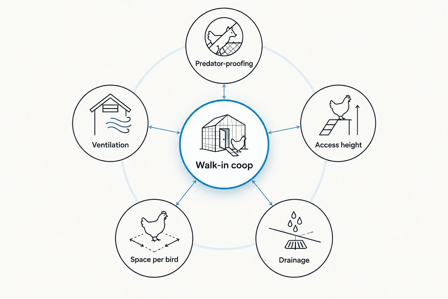 Diagram showing five criteria that define a good walk-in chicken coop