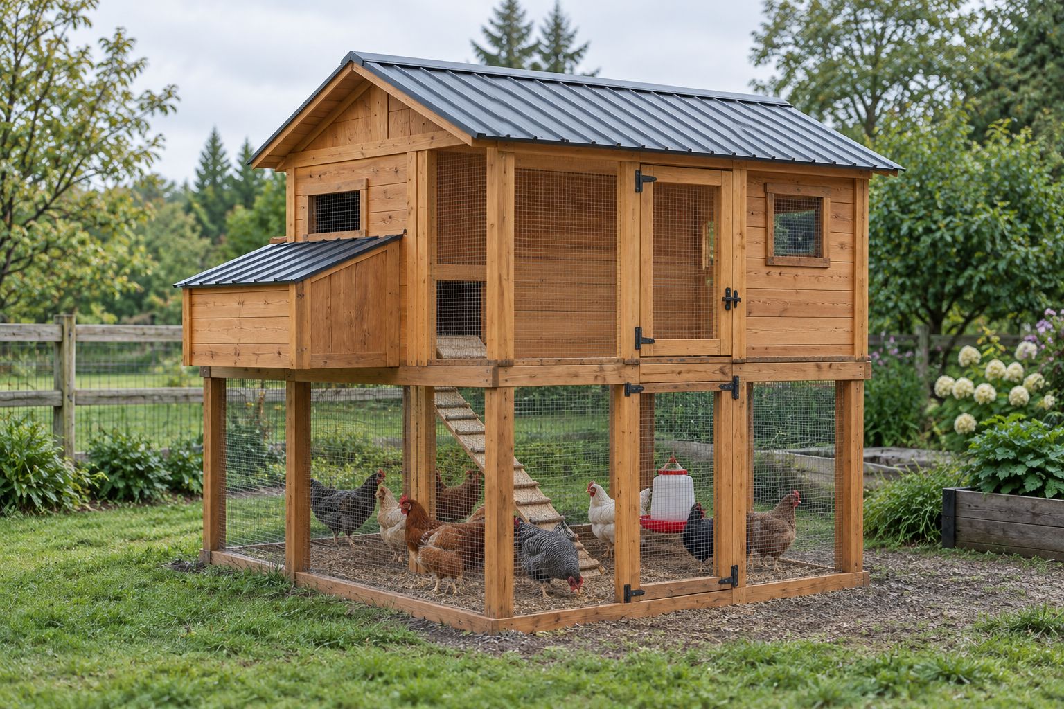 Elevated wooden chicken coop on legs above a walk-in run