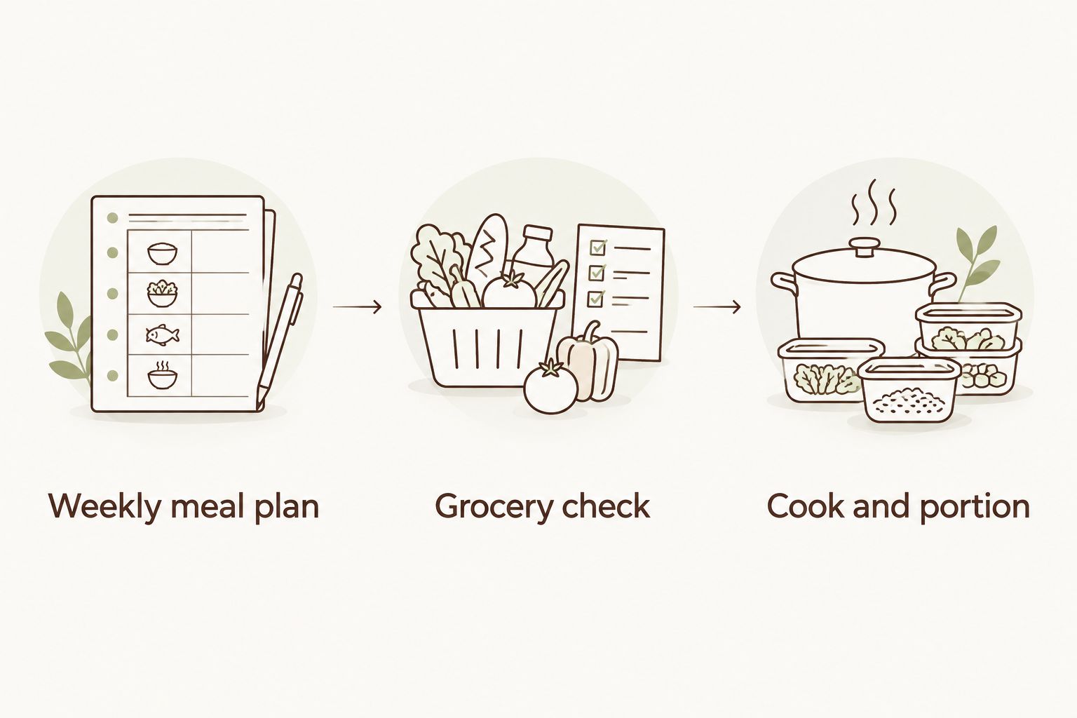 Planning, grocery checking, and cooking arranged as a weekly sequence