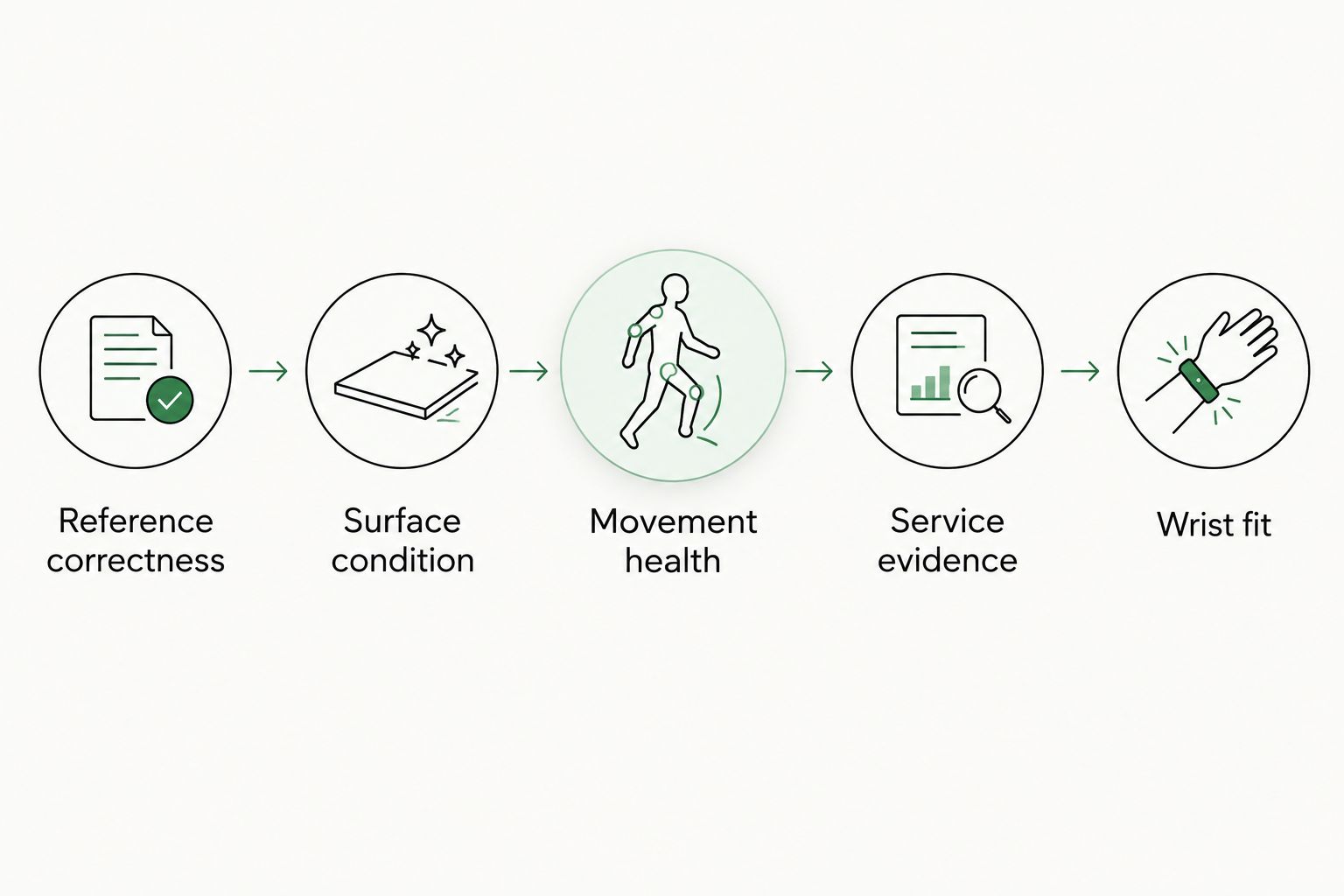 Five checks covering reference correctness, surface condition, movement health, service evidence and wrist fit