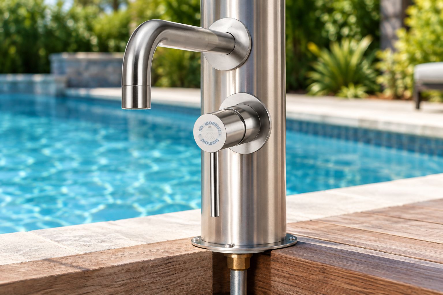 Outdoor faucet and mixer set mounted on a pool deck shower post