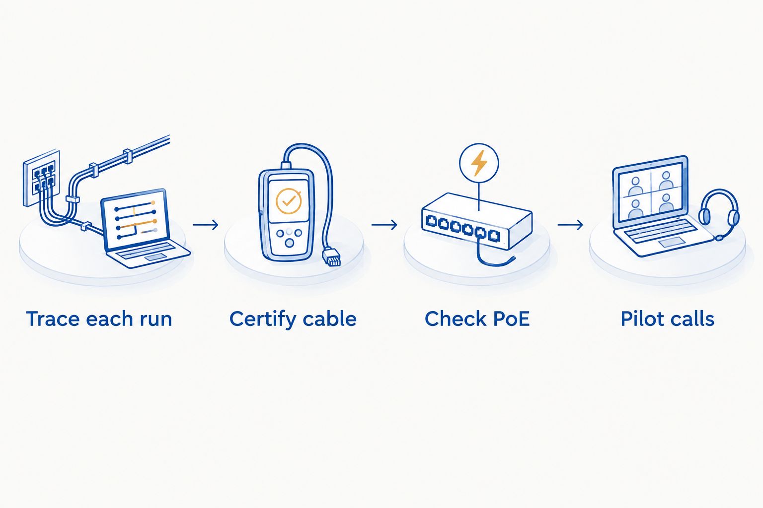Four checks for reusing an office cable run: trace it, test it, check power and pilot calls