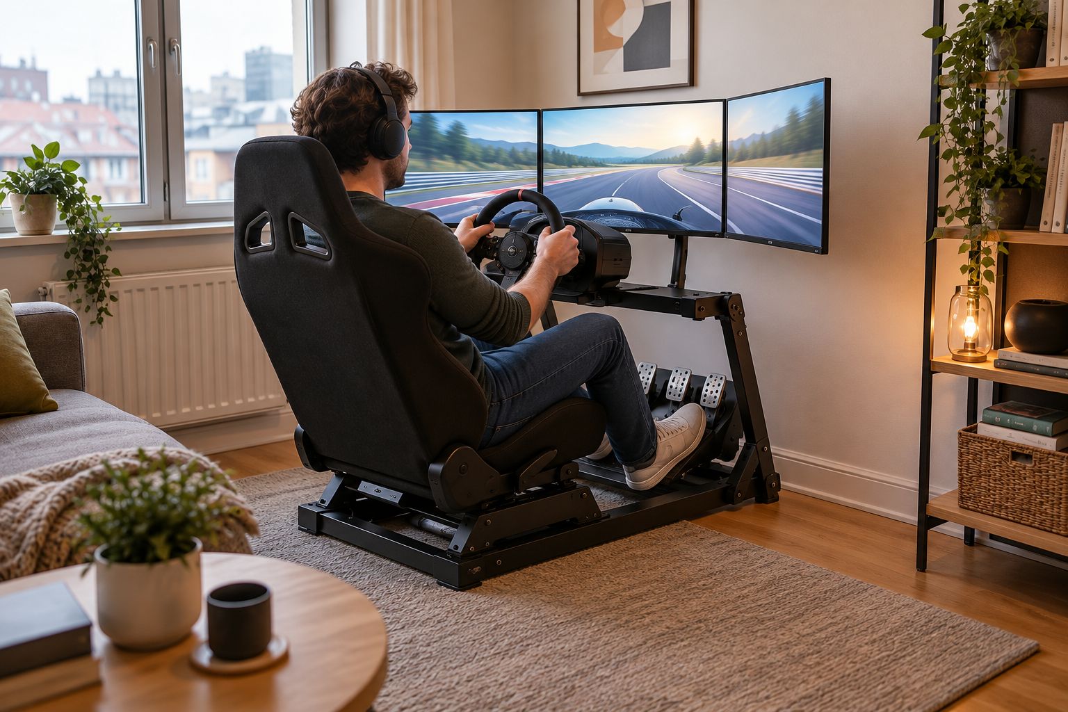Kompakt simracingplats med stöd för ryggen och fri passage bredvid stolen