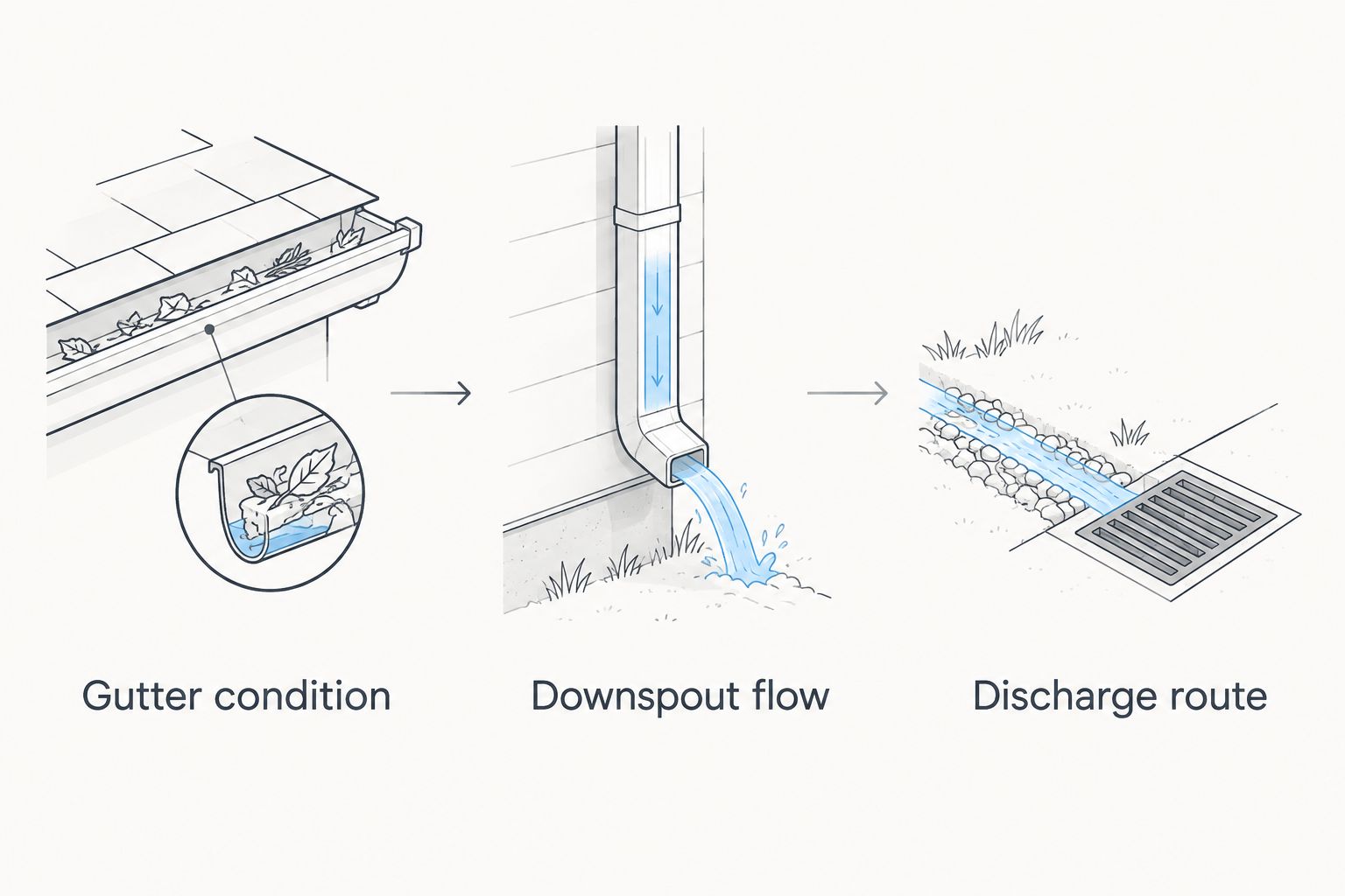 Three checks covering gutter condition, downspout flow, and the discharge route