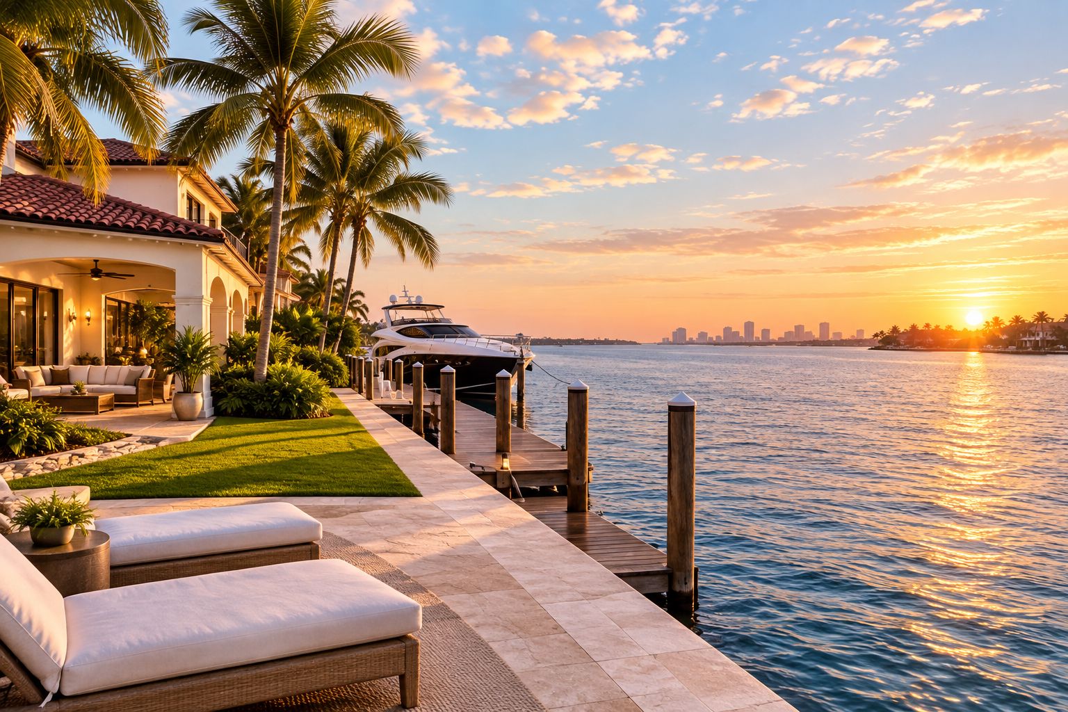 Private dock behind a waterfront estate with open bay access and no fixed bridge