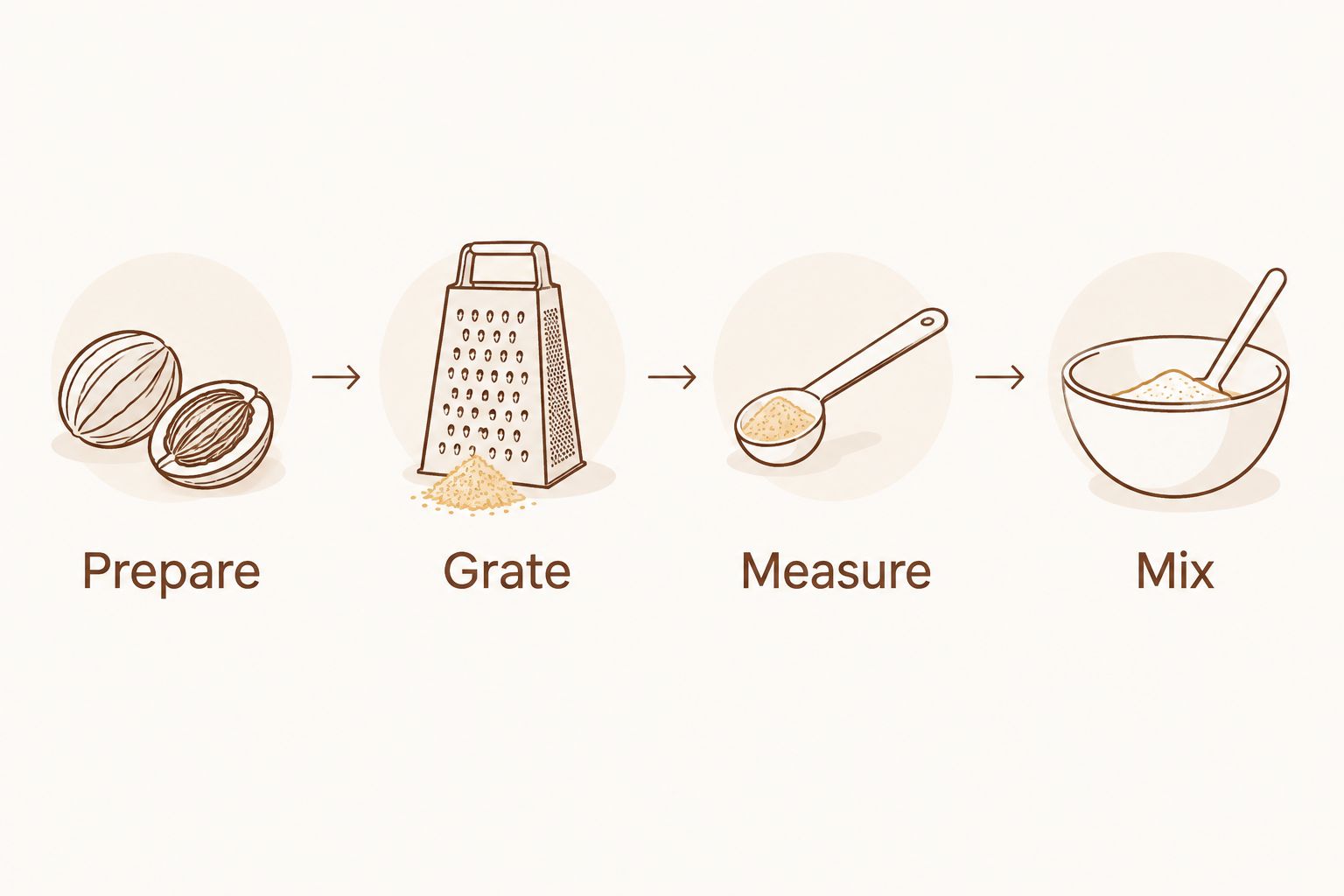 Four steps for substituting whole nutmeg in baking: prepare, grate, measure, and mix.