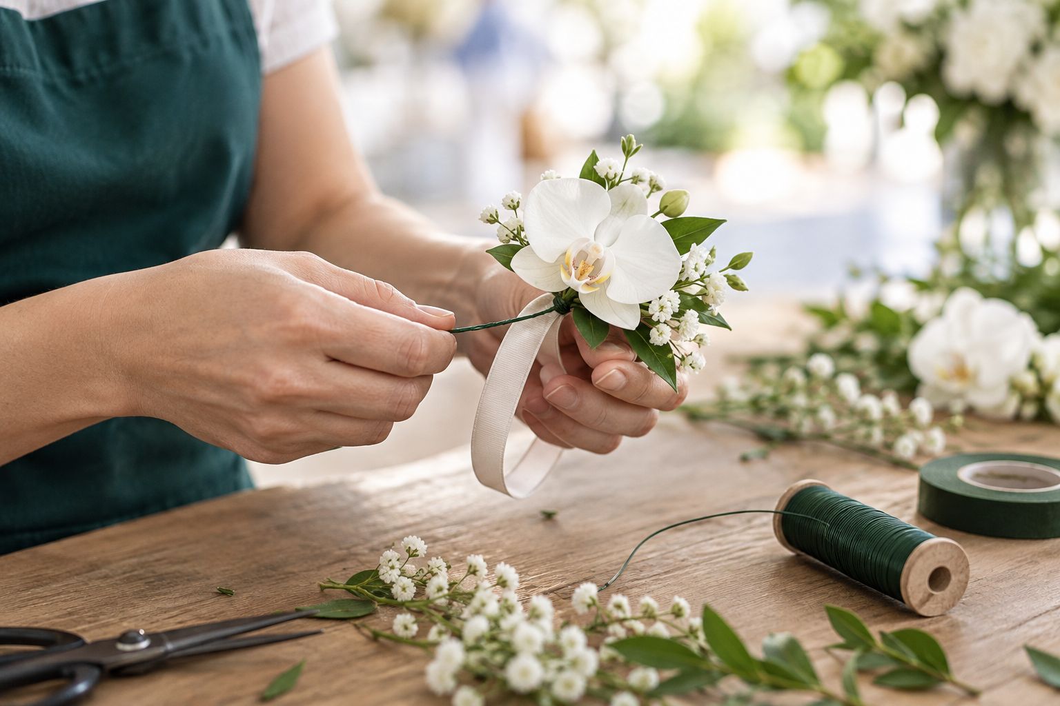 Florist wiring an orchid bloom onto a wrist corsage band