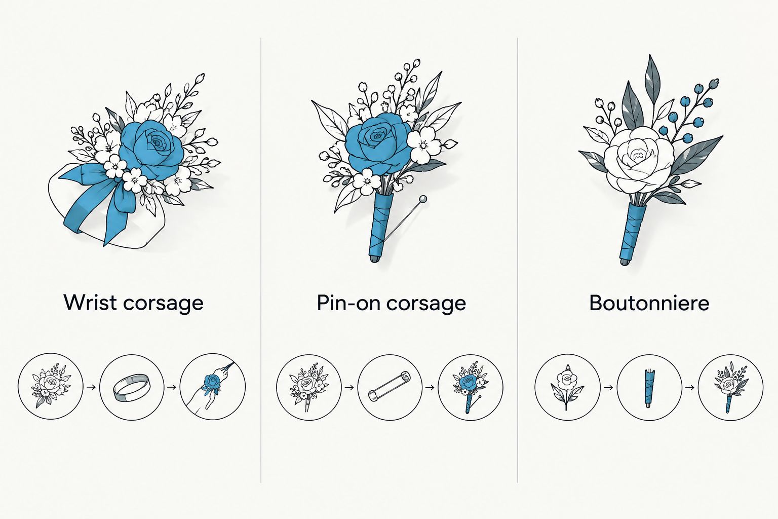 Three prom flower attachment styles compared side by side