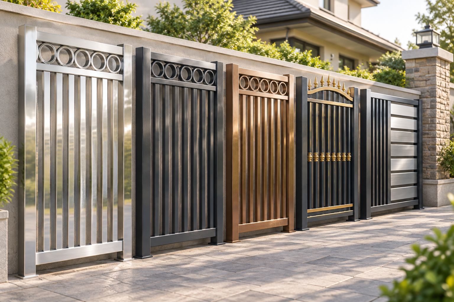Metal gate samples showing silver, graphite, bronze, gold accents and a two-tone finish